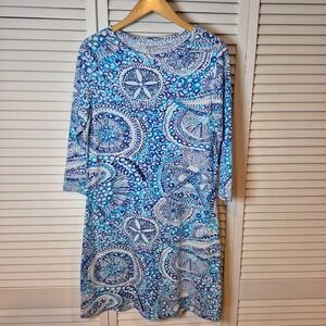 Cape Madras Blue White Sand Dollar Print Long Sleeve Shift Beachy Dress Womens M